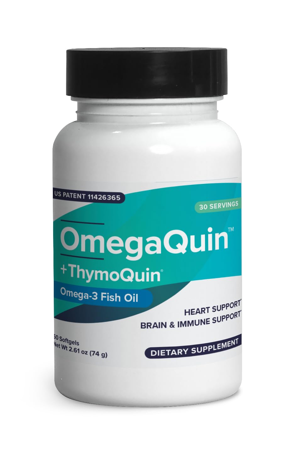 Closeup of OmegaQuin softgels, easy-to-swallow capsules