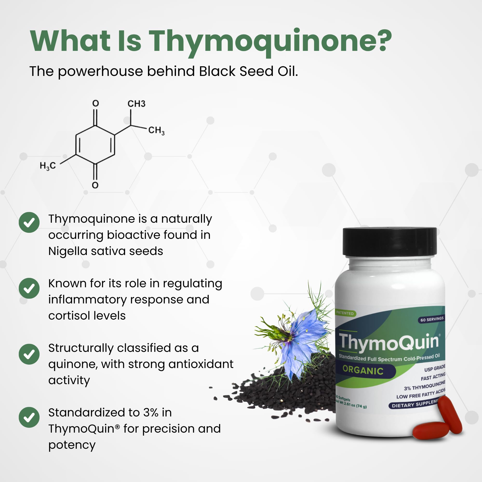 ThymoQuin bottle beside glass of water for quick ingestion.