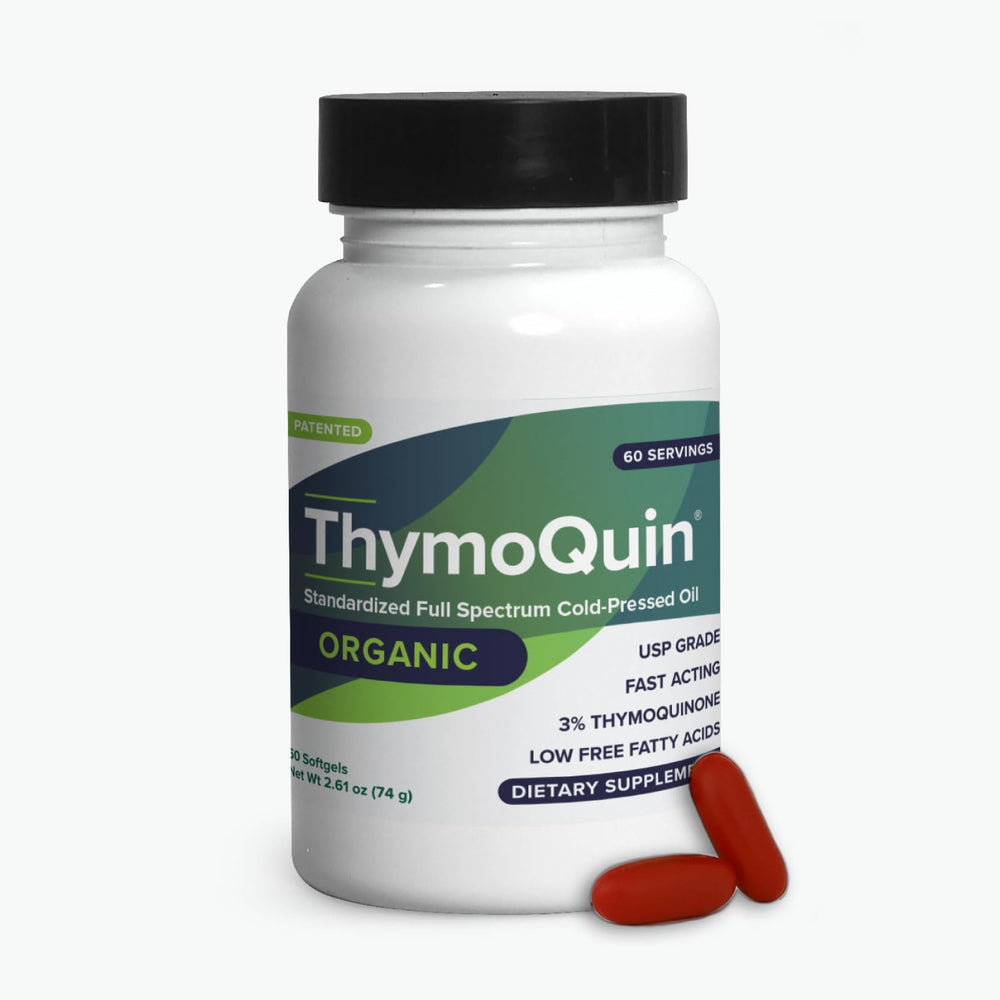ThymoQuin organic black seed oil softgel bottle for daily immune support.