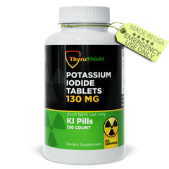ThyroShield potassium iodide tablets 130 mg front label, ready for home preparedness and quick access