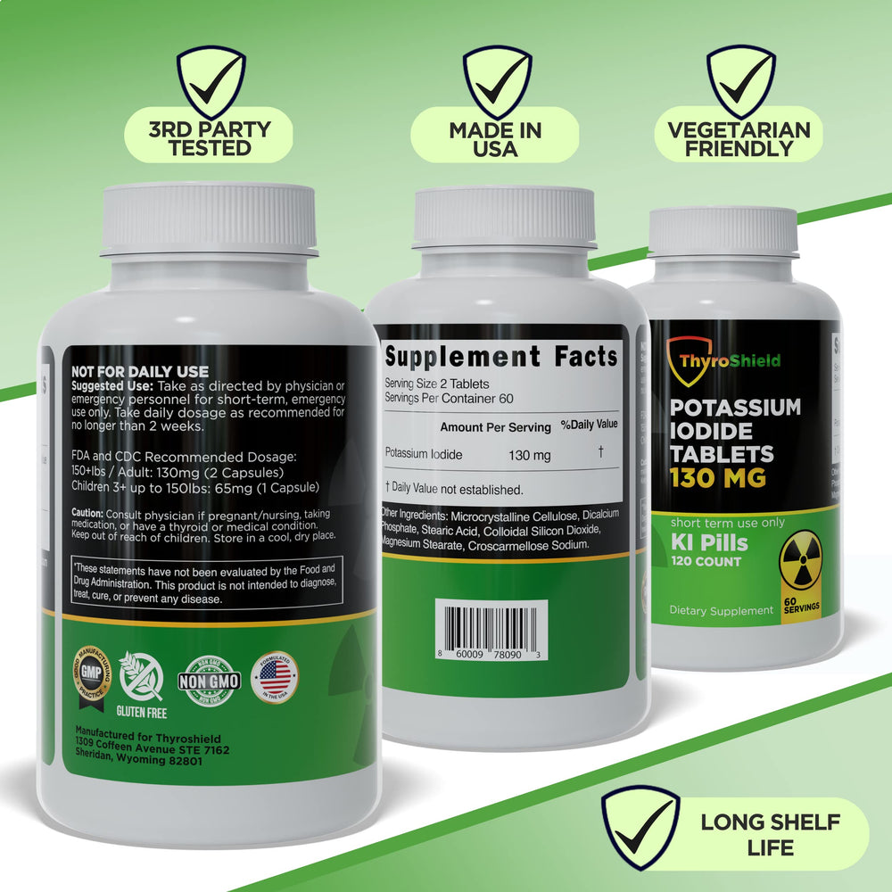 ThyroShield closeup of iodide tablets highlights USP-grade quality
