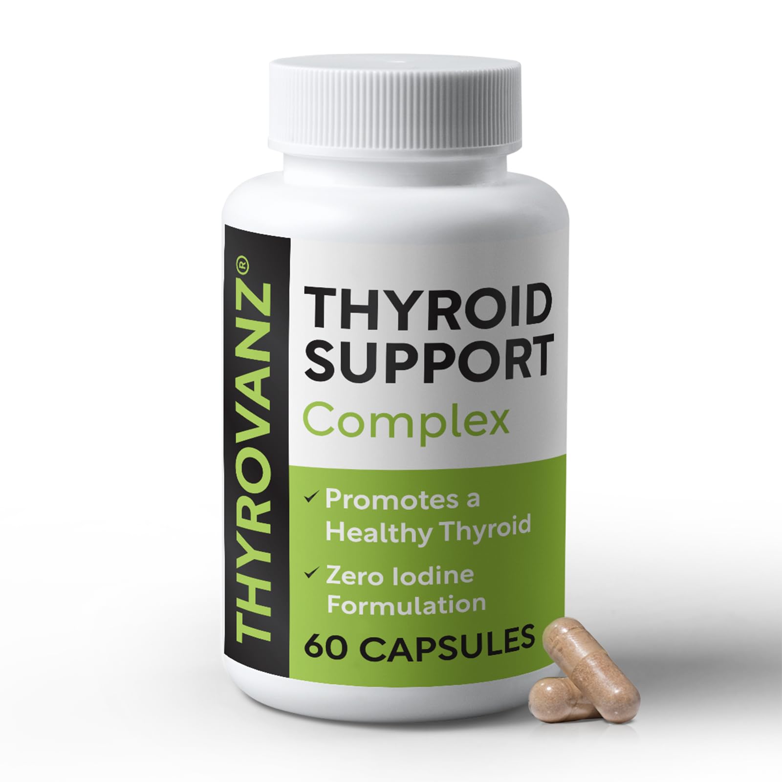 THYROVANZ thyroid support bottle promoting energy with iodine-free formula.