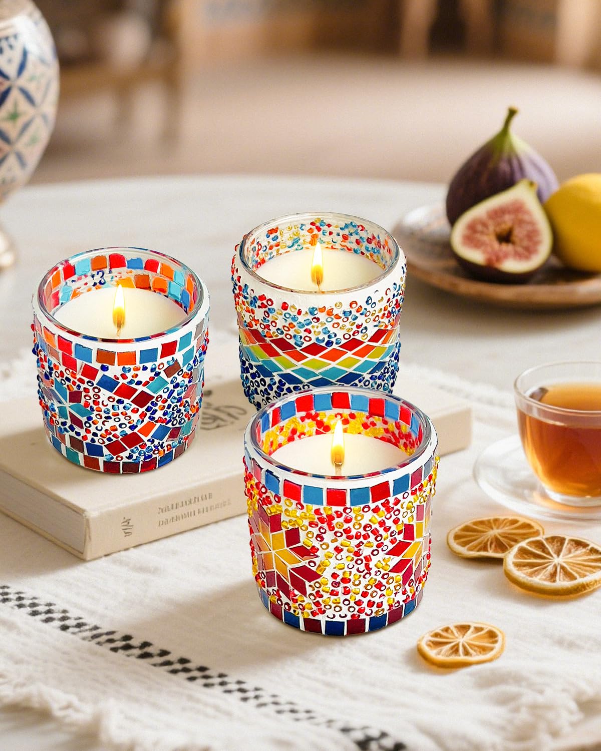 TIANSE mosaic glass candle dimension 3.15in makes a compact, elegant centerpiece.