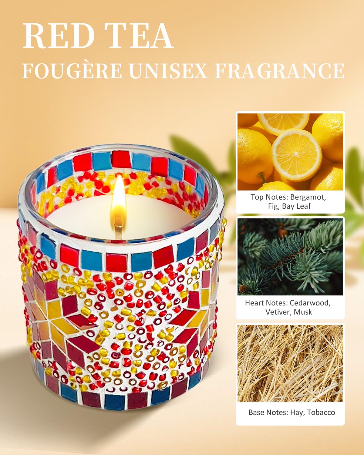TIANSE mosaic glass candle dry-down notes cedarwood and musk create a warm ambiance.