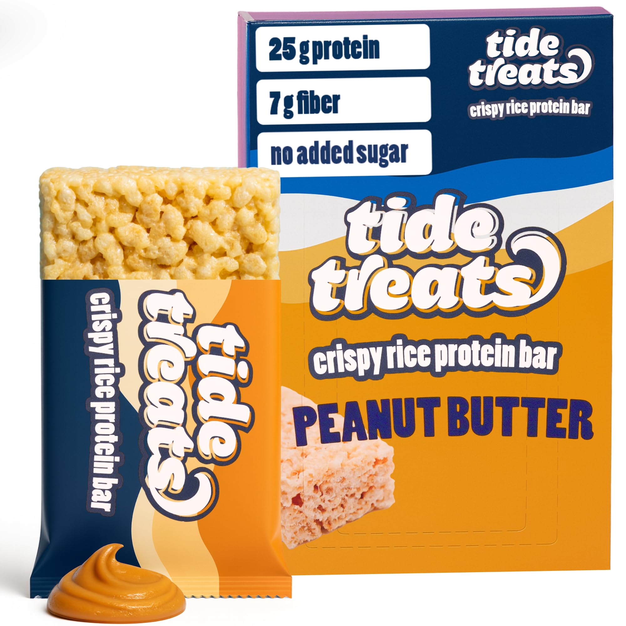 TideTreats Crispy Rice Protein Bar packaging emphasizes grab-and-go convenience for busy days.