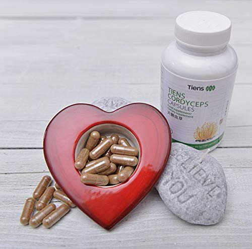 Tiens Cordyceps 100 Capsules nature backdrop highlights Tibetan and Nepal origins.