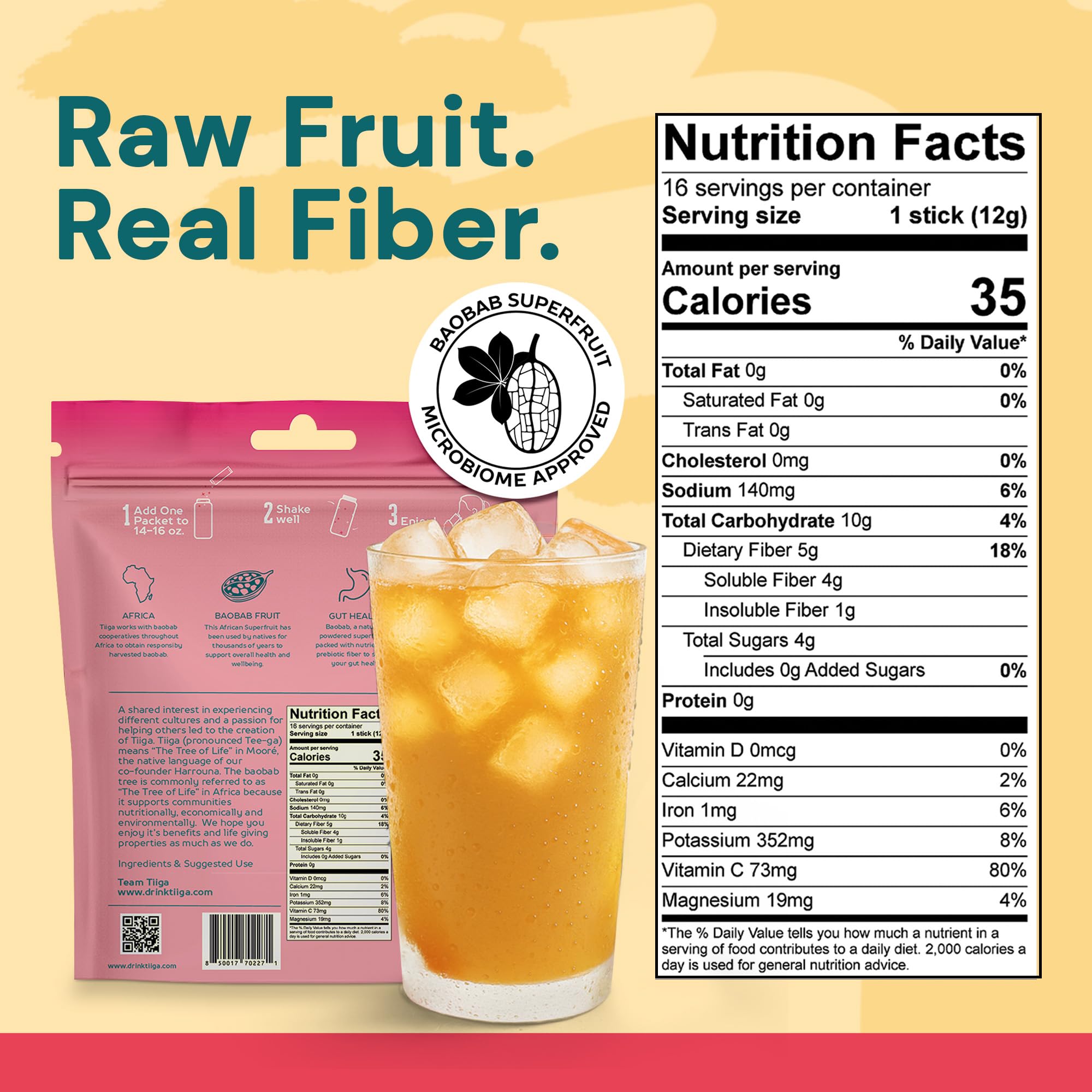 Tiiga 16 servings packaging communicates sustainable sourcing and community impact.