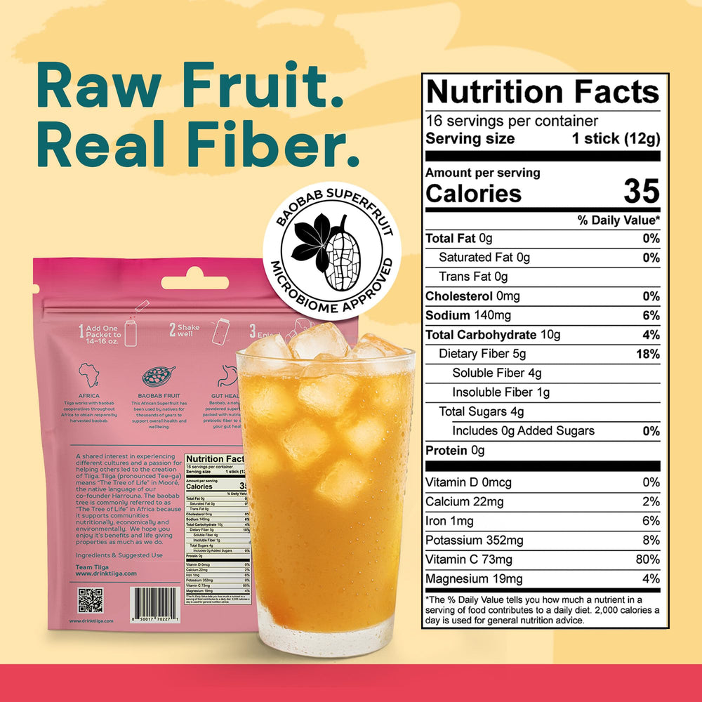 Tiiga 16 servings packaging communicates sustainable sourcing and community impact.