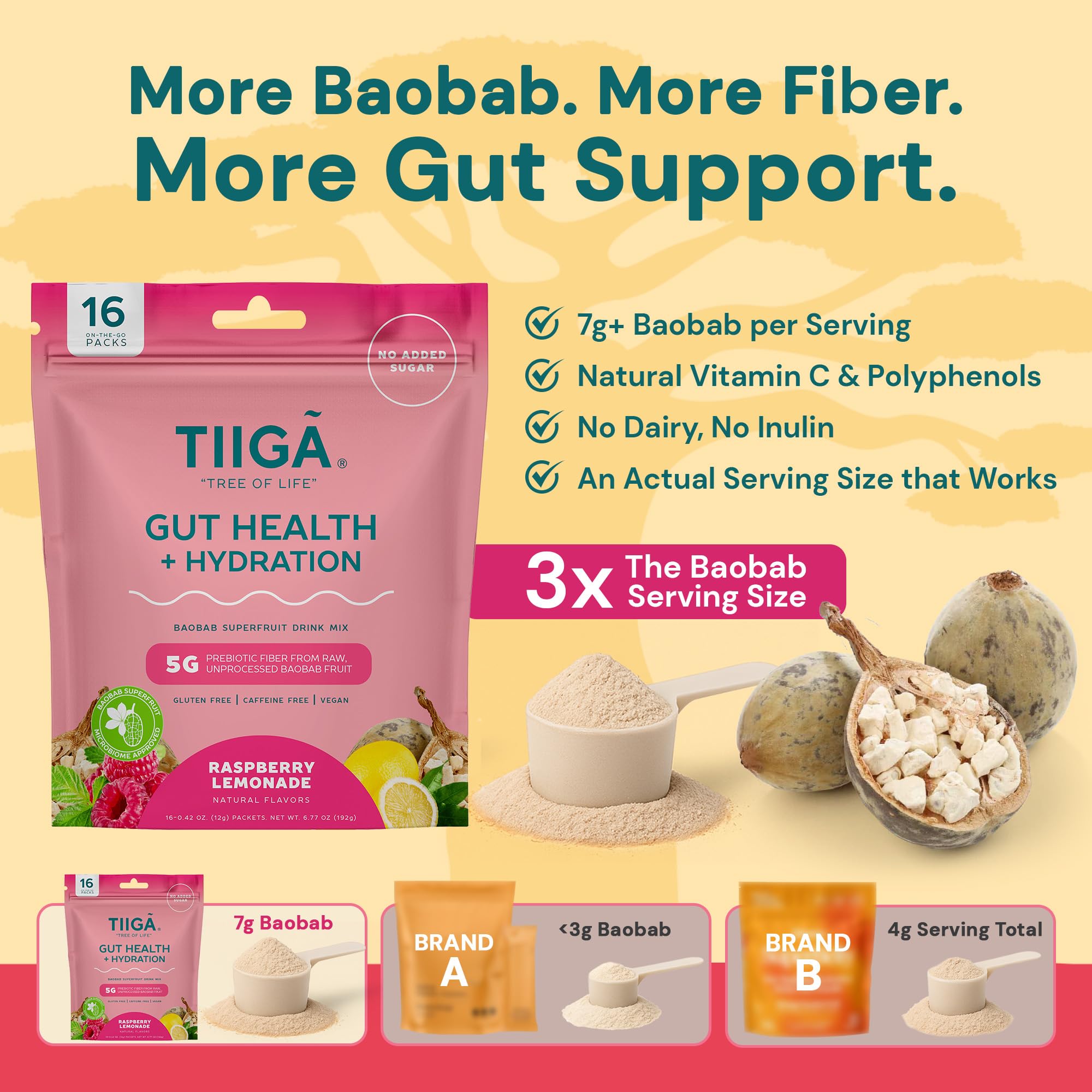 Tiiga baobab 7g serve close up emphasizes prebiotic fiber and vitamin C.