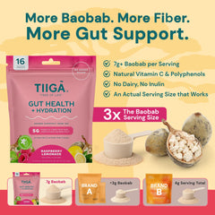 Tiiga baobab 7g serve close up emphasizes prebiotic fiber and vitamin C.