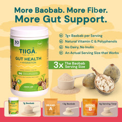 Tiiga baobab ingredients display highlighting whole-fruit fiber and natural nutrients.