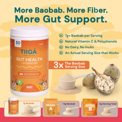 Tiiga baobab powder bag close-up highlighting natural fiber and antioxidants