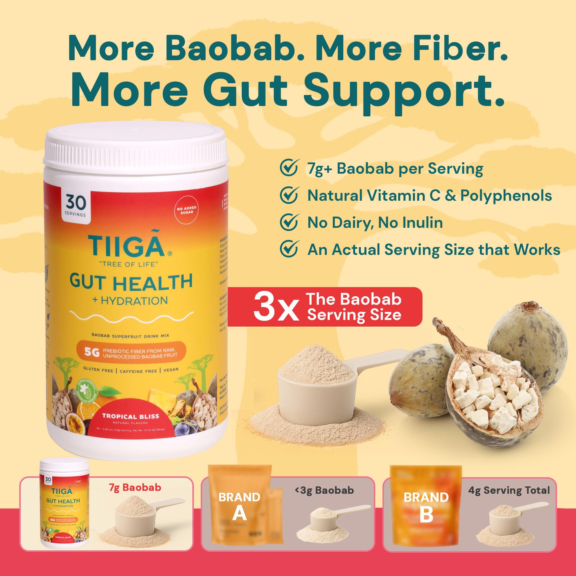 Close-up of Tiiga baobab scoop highlighting natural prebiotic fiber.