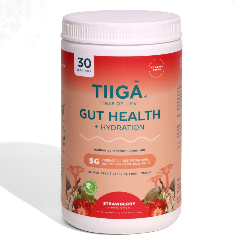 Tiiga Gut Health Drink Mix bottle highlighting convenient digestion-support format