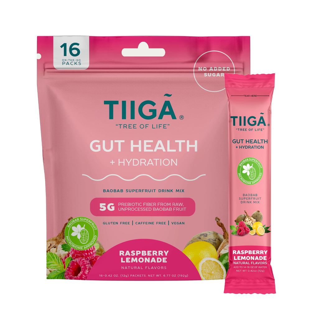 Tiiga gut health hydration pouch ready to mix for balanced digestion and hydration.