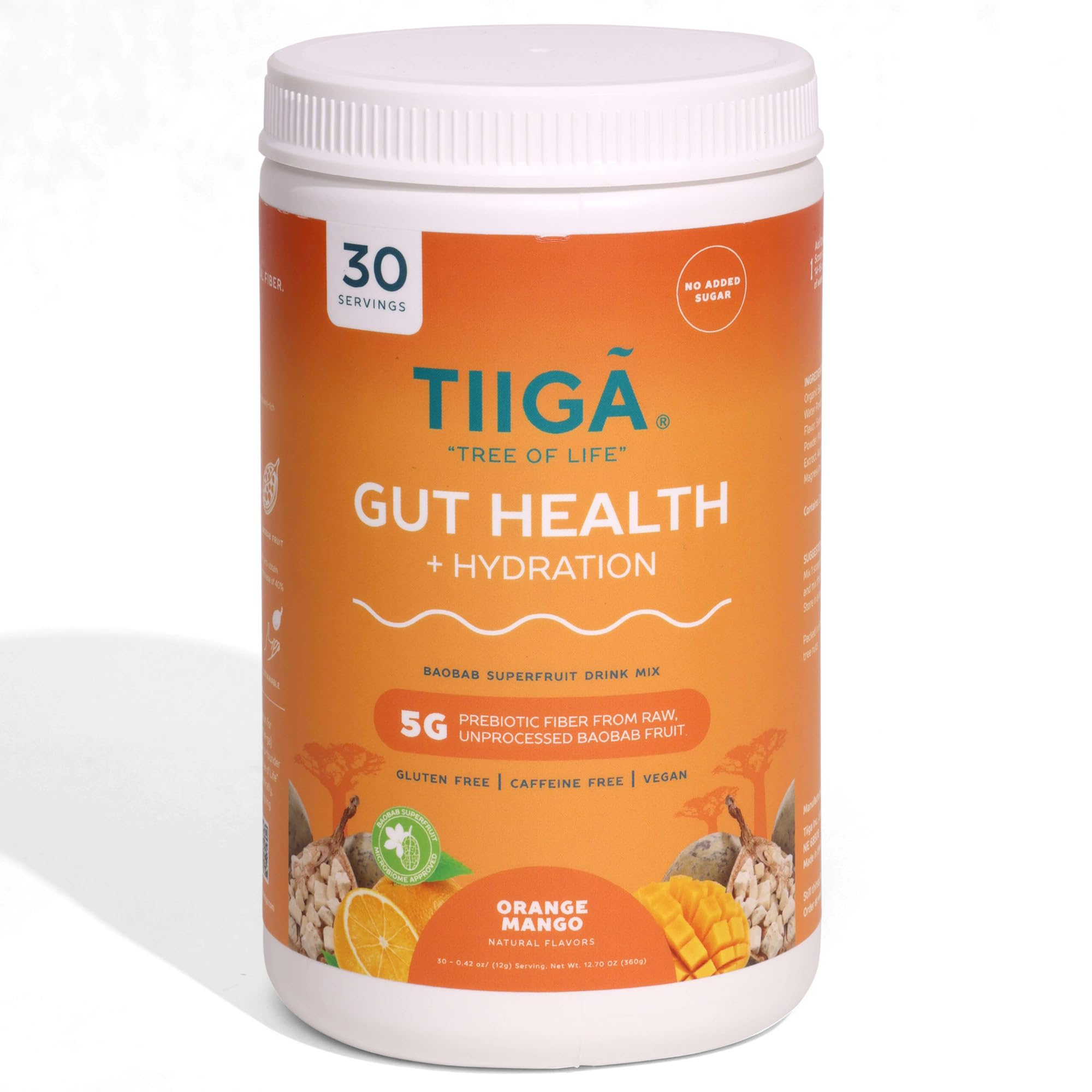 Tiiga gut health hydration tub with scoop, showcasing digestion-friendly drink