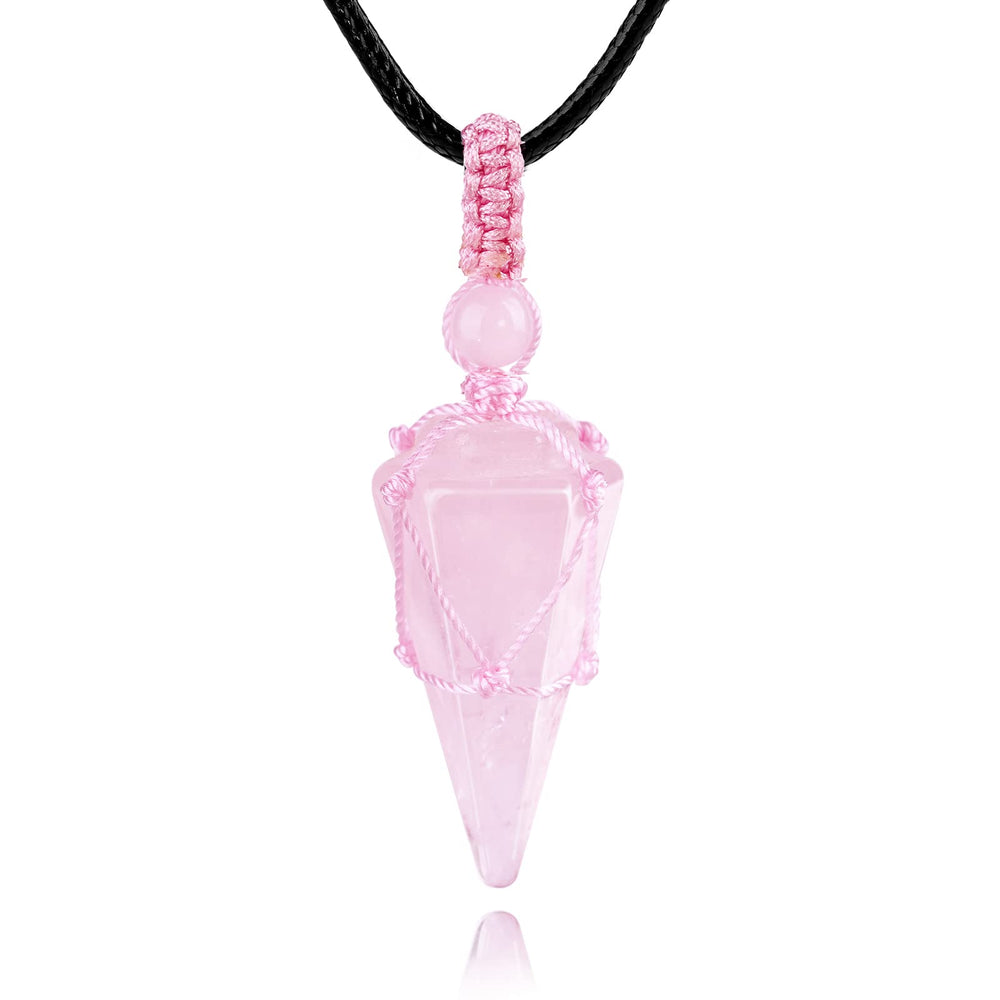 TIKCAUZ Rose Quartz Necklace close-up of hexagonal pendant catching pink light