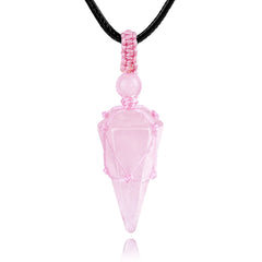 TIKCAUZ Rose Quartz Necklace close-up of hexagonal pendant catching pink light