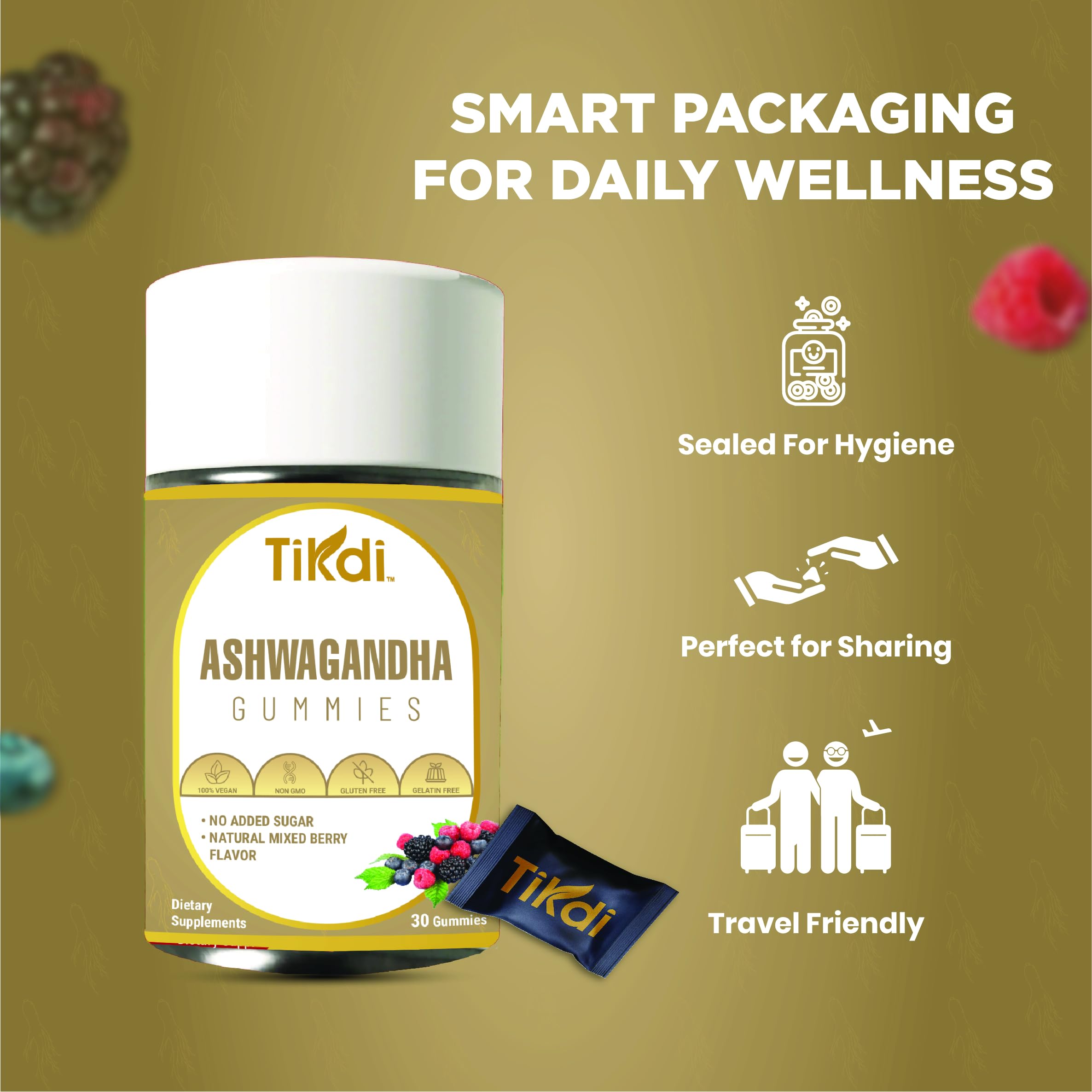 TIKDI Ashwagandha Gummy berry flavor close-up highlighting vegan formulation