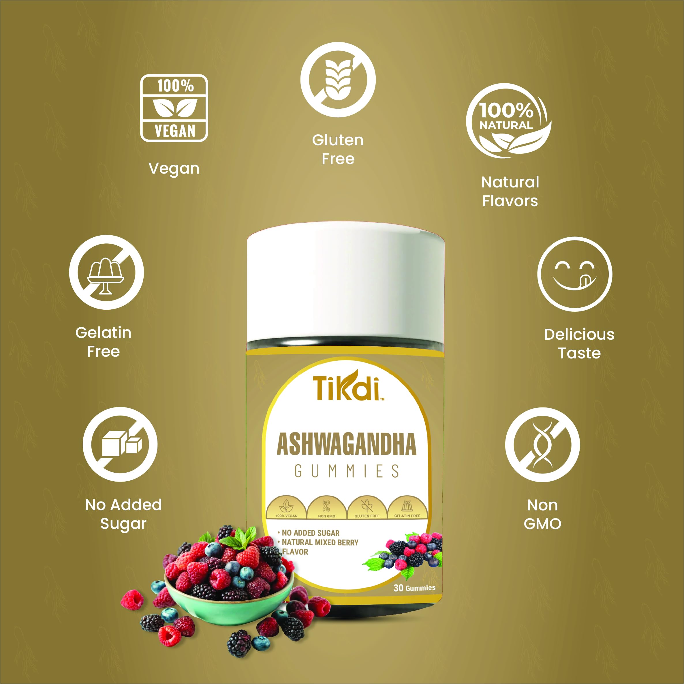TIKDI Ashwagandha Gummy travel pack showing gluten-free and gelatin-free formula