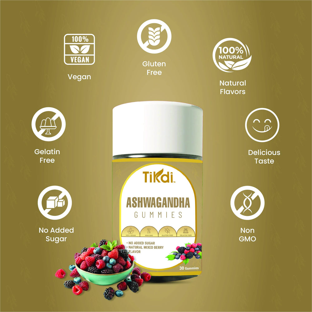 TIKDI Ashwagandha Gummy travel pack showing gluten-free and gelatin-free formula