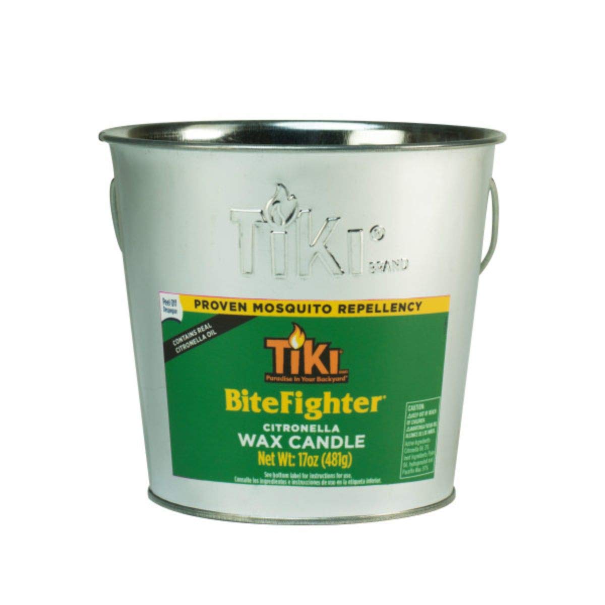 TIKI BiteFighter galvanized citronella bucket ready for patio gatherings and mosquito deterrence