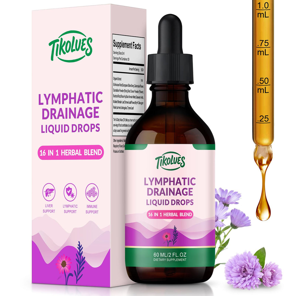 TIKOLUES Lymphatic Drainage Drops bottle shows organic herbal formula for lymphatic support.