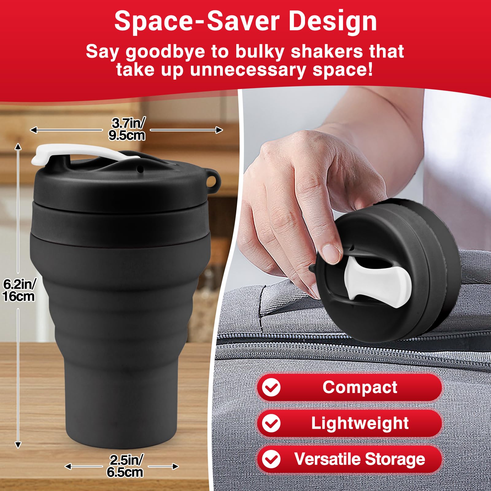 Tilcore collapsible shaker open, ready to mix with built in ball.