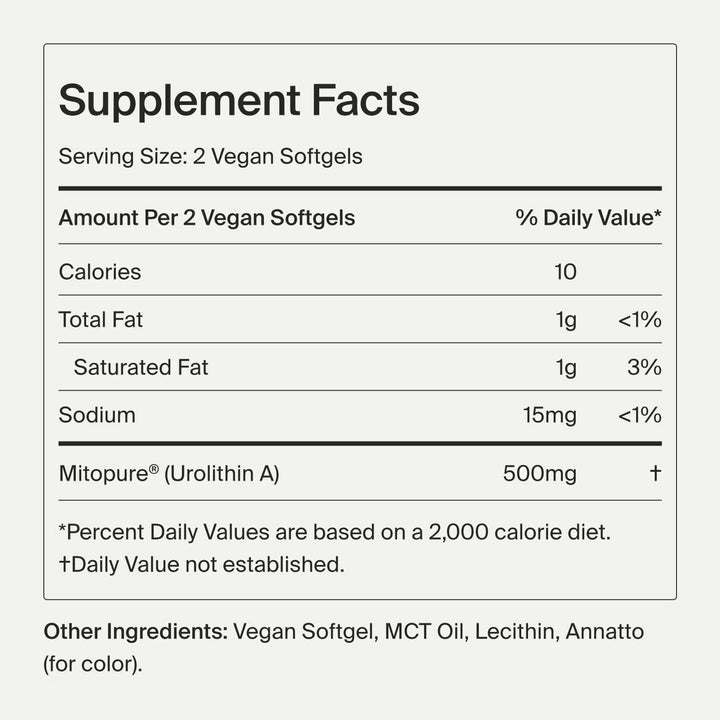 Timeline Mitopure softgel bottle pour with easy daily capsules