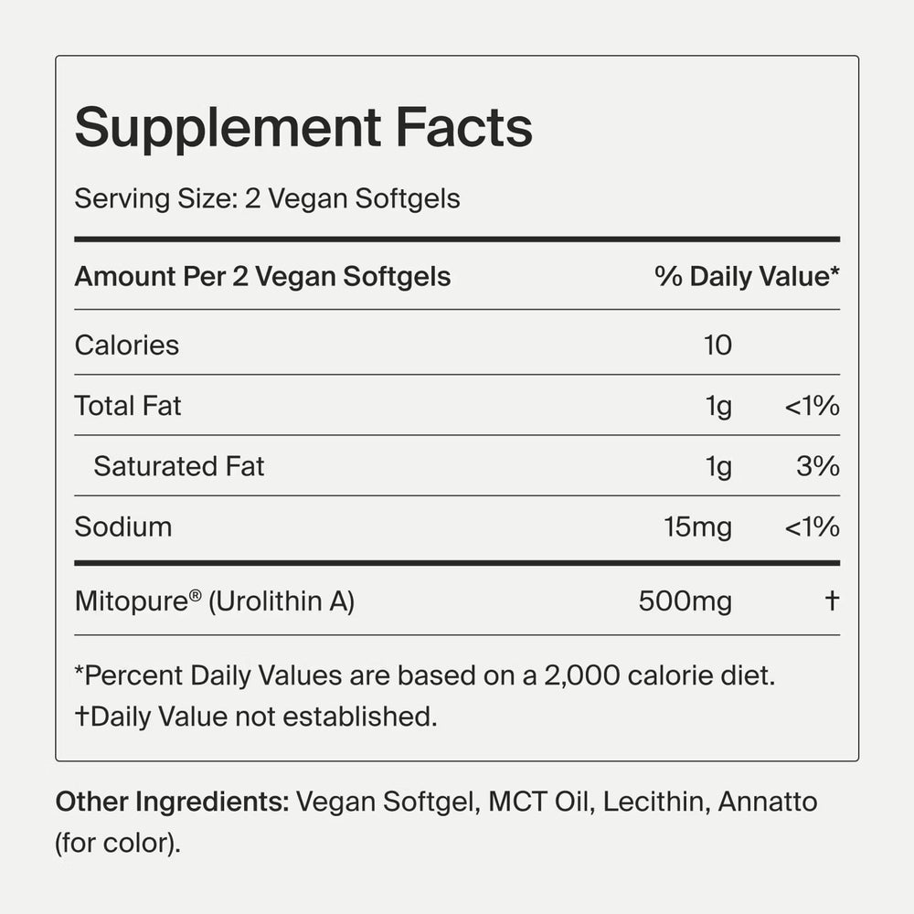 Timeline Mitopure softgel bottle pour with easy daily capsules
