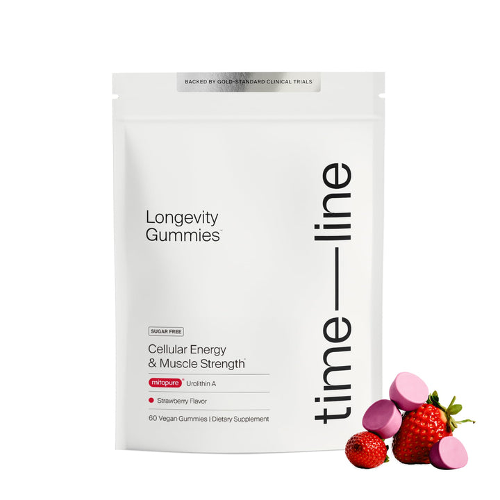 Timeline Mitopure Urolithin A Gummies bottle showcasing science-backed longevity support.