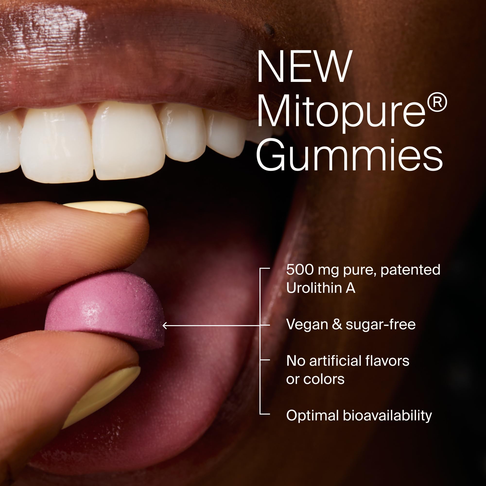 Timeline Mitopure Urolithin A Gummies nutrition label shows 500 mg per two gummies.