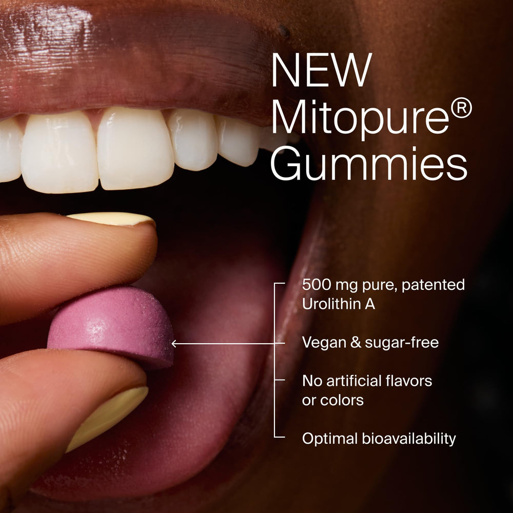 Timeline Mitopure Urolithin A Gummies nutrition label shows 500 mg per two gummies.