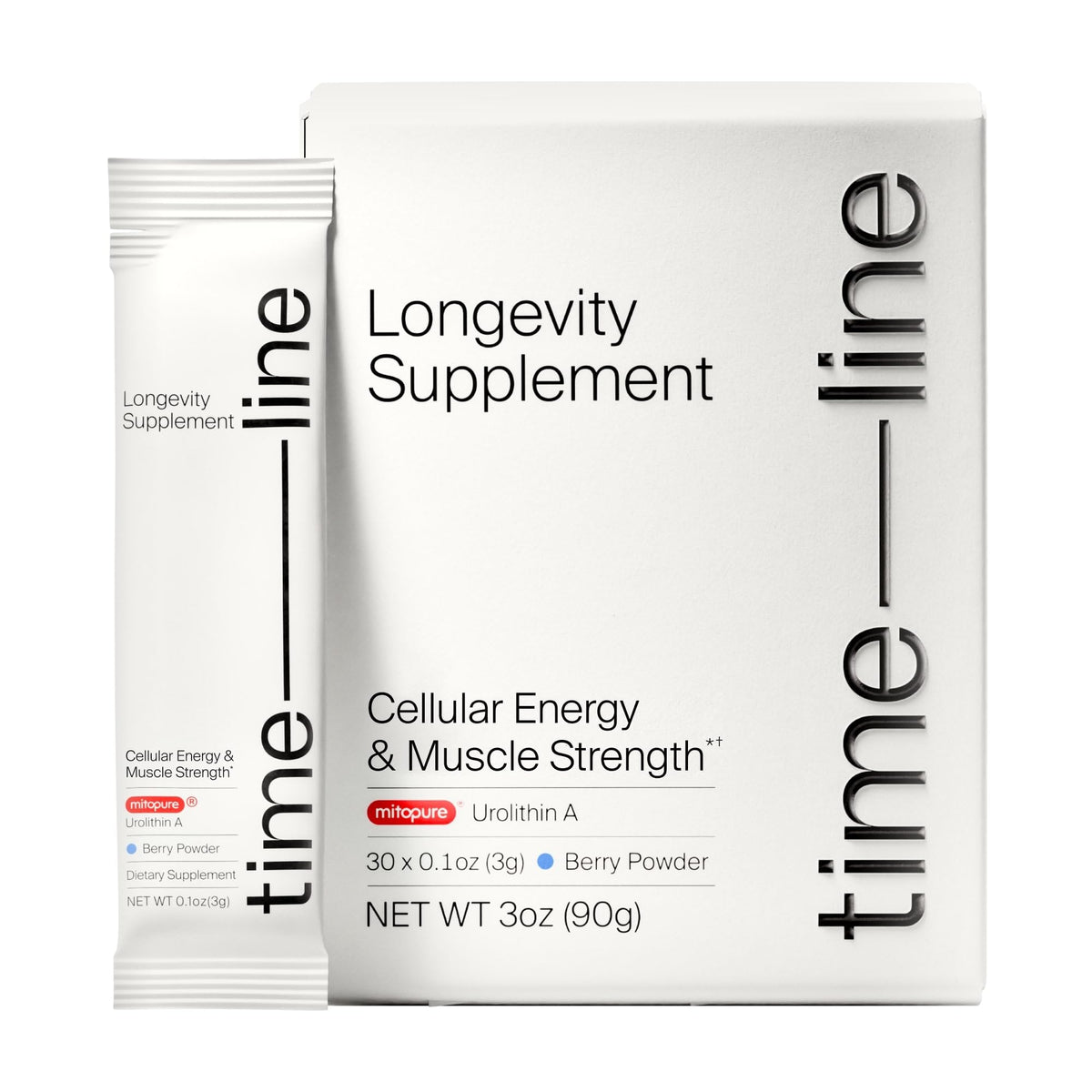 Timeline Mitopure Urolithin A powder bottle suggesting potential support for healthy aging.