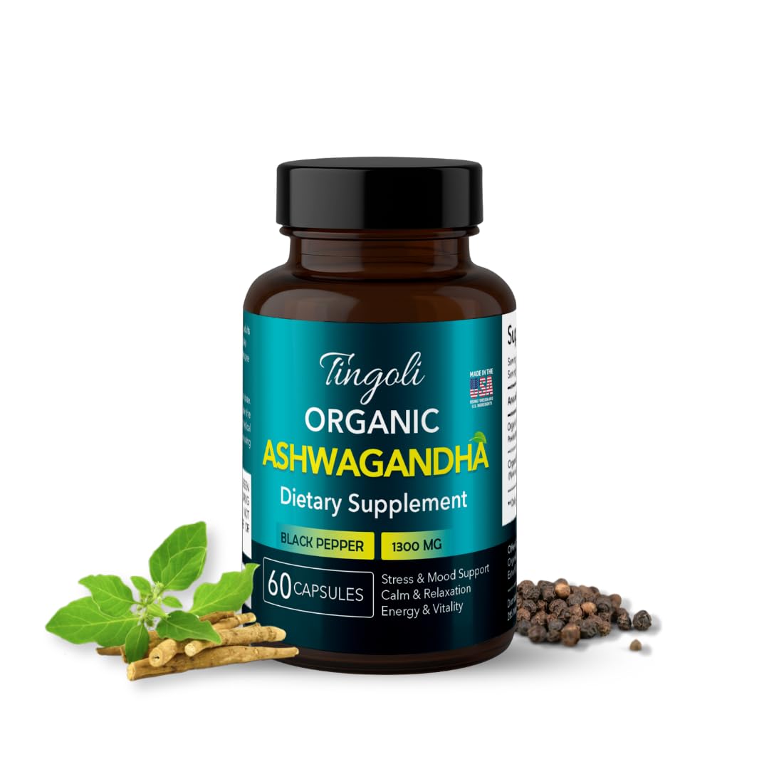 TINGOLI Organic Ashwagandha 1300mg bottle front view for daily calm and energy