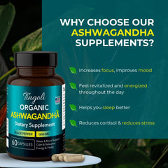 TINGOLI Ashwagandha 1300mg bottle label highlights organic promise and potency