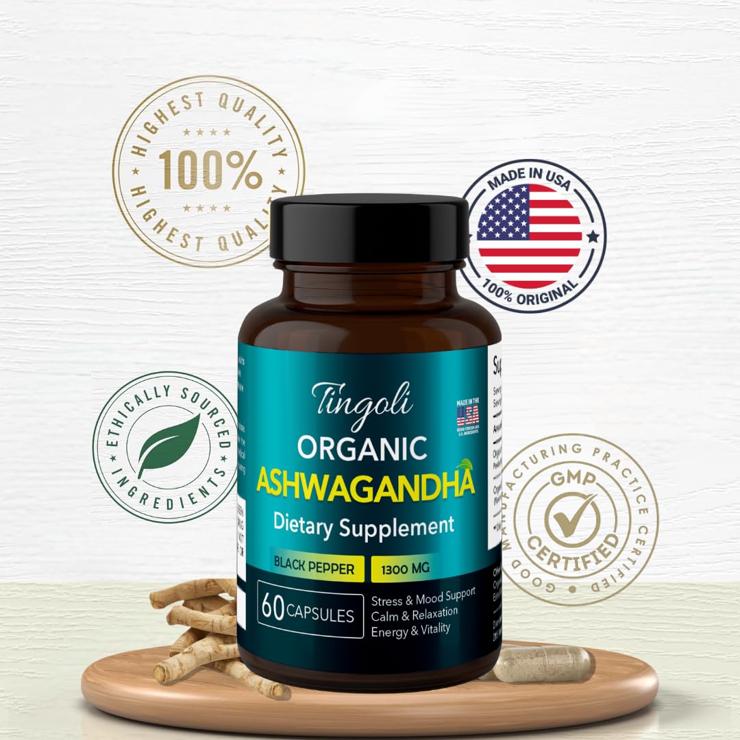 TINGOLI Organic Ashwagandha 1300mg with organic certifications and vegan formula