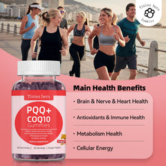 Tinies bers coq10 gummies bottle highlights heart and energy benefits.