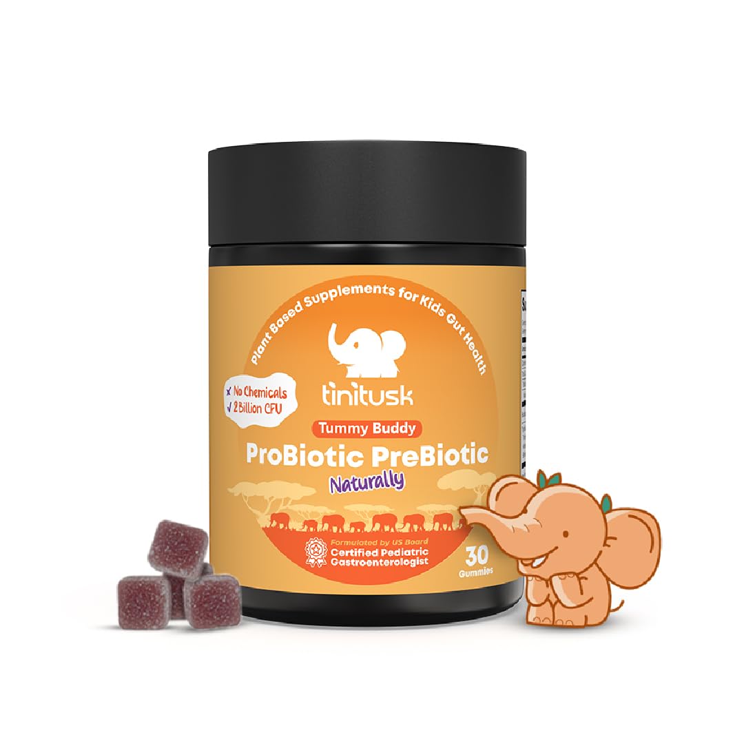TINITUSK Tummy Buddy bottle with peach-pomegranate gummies for kids' digestion