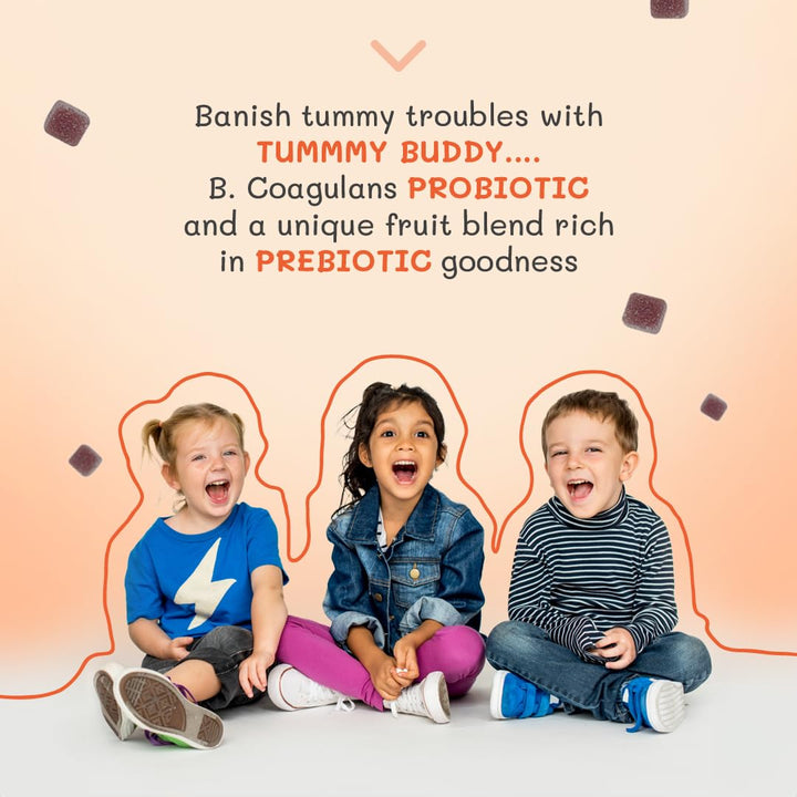 Close-up of TINITUSK Tummy Buddy gummies for kid-friendly daily probiotic