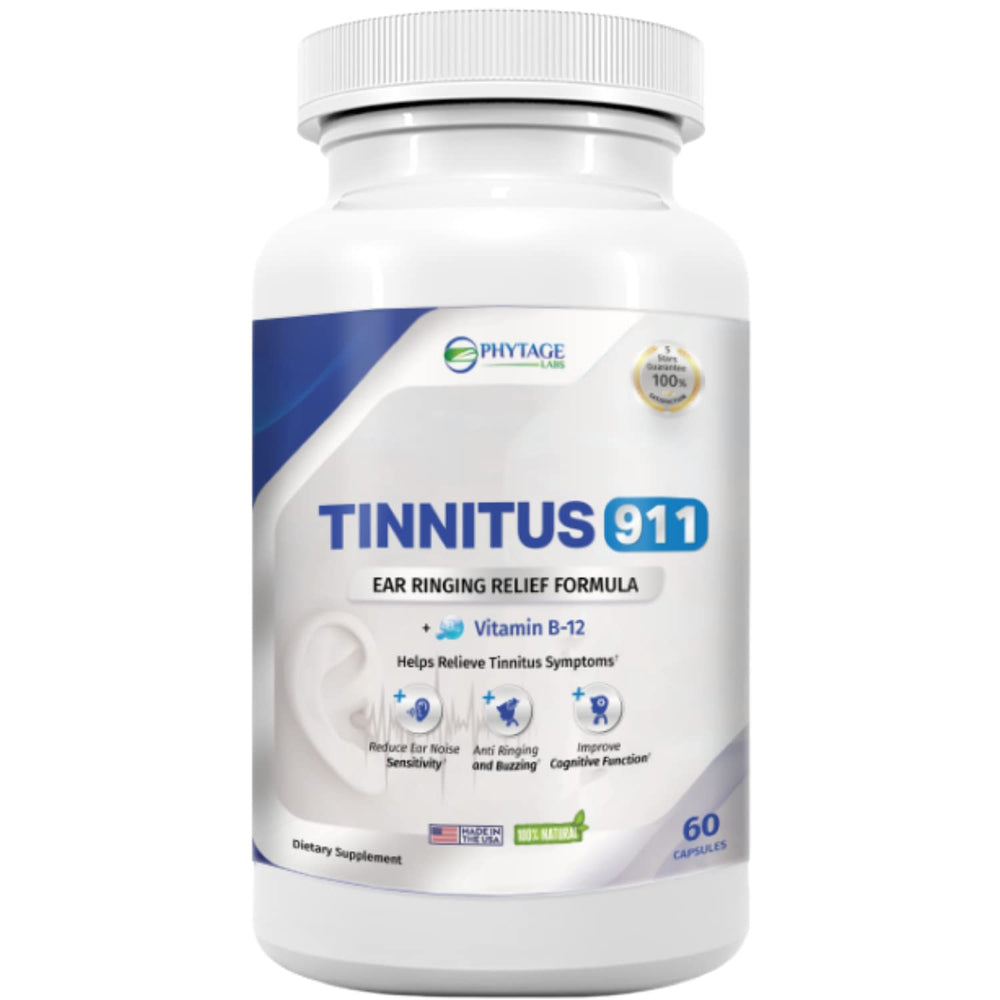 Tinnitus 911 bottle front shows natural formula supporting calm and quieter days.