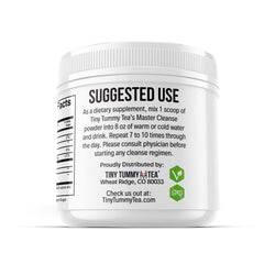 Tiny Tummy maple syrup ingredient bottle highlights natural sweetener for plant-based detox blends.
