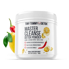 Tiny Tummy Master Cleanse lemonade powder canister ready for daily use.