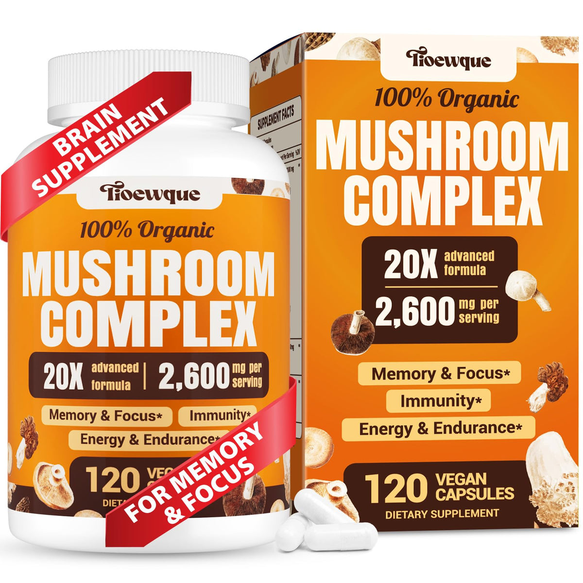 Tioewque bottle on kitchen counter showcases daily mushroom blend for focus.