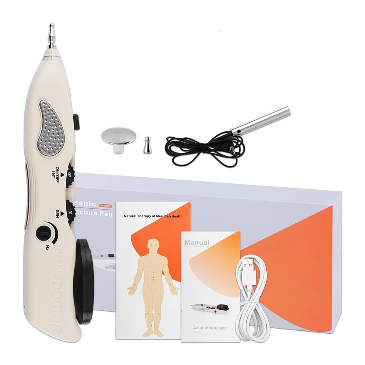 Tirisia electronic acupuncture pen front view, compact home-use device for daily self-care.