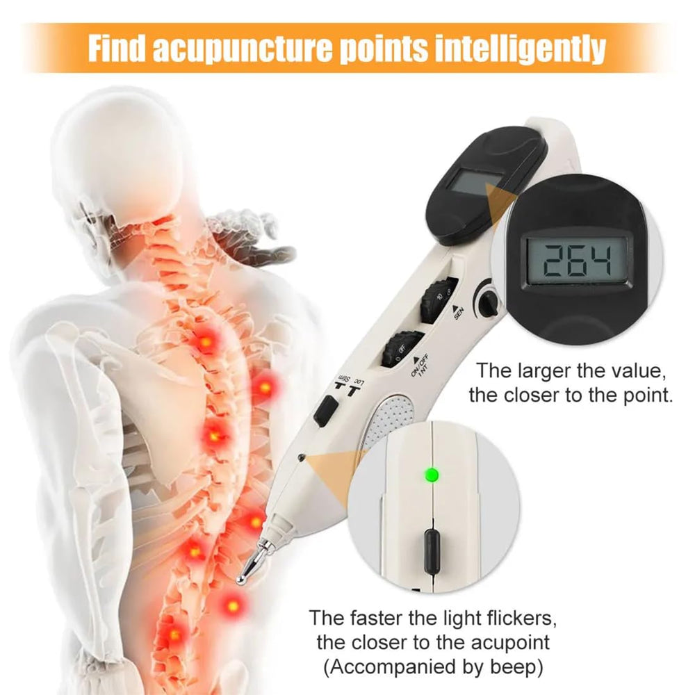 Tirisia meridian pen detects acupoints, guiding targeted application.