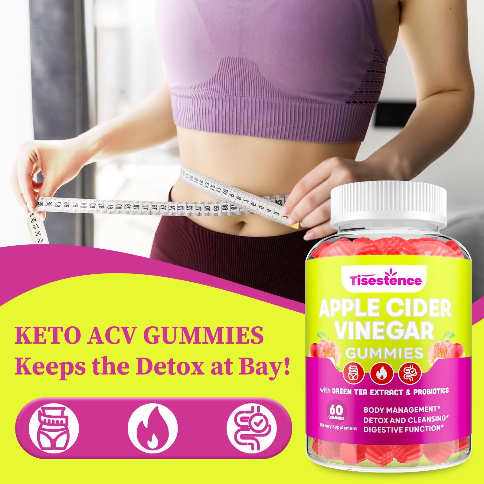 Tisestence ACV Gummies raspberry flavor visuals suggesting delicious tasting gummies.
