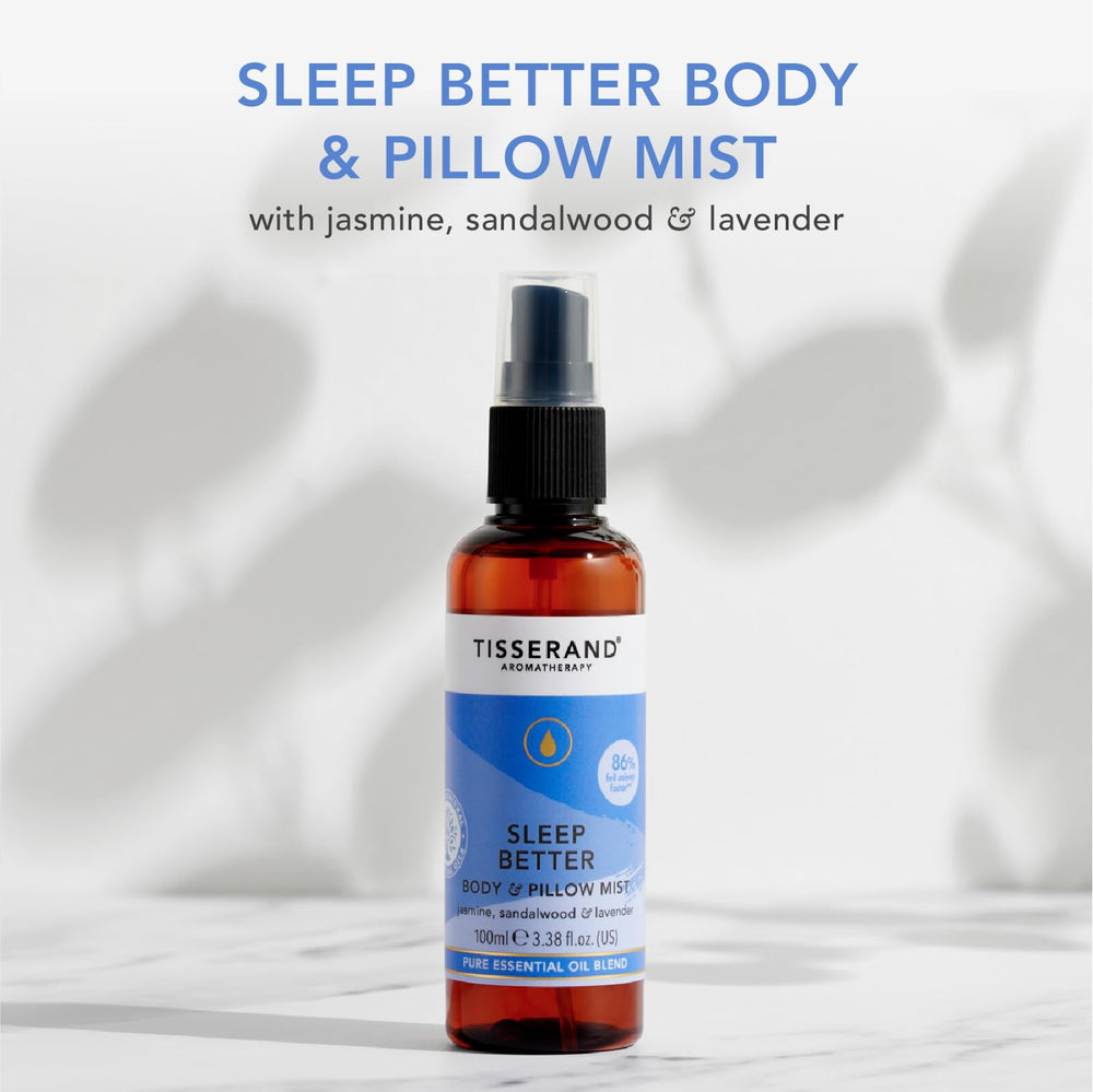 Tisserand Sleep Pillow Mist on bedlinen creates a soothing atmosphere for drifting off.