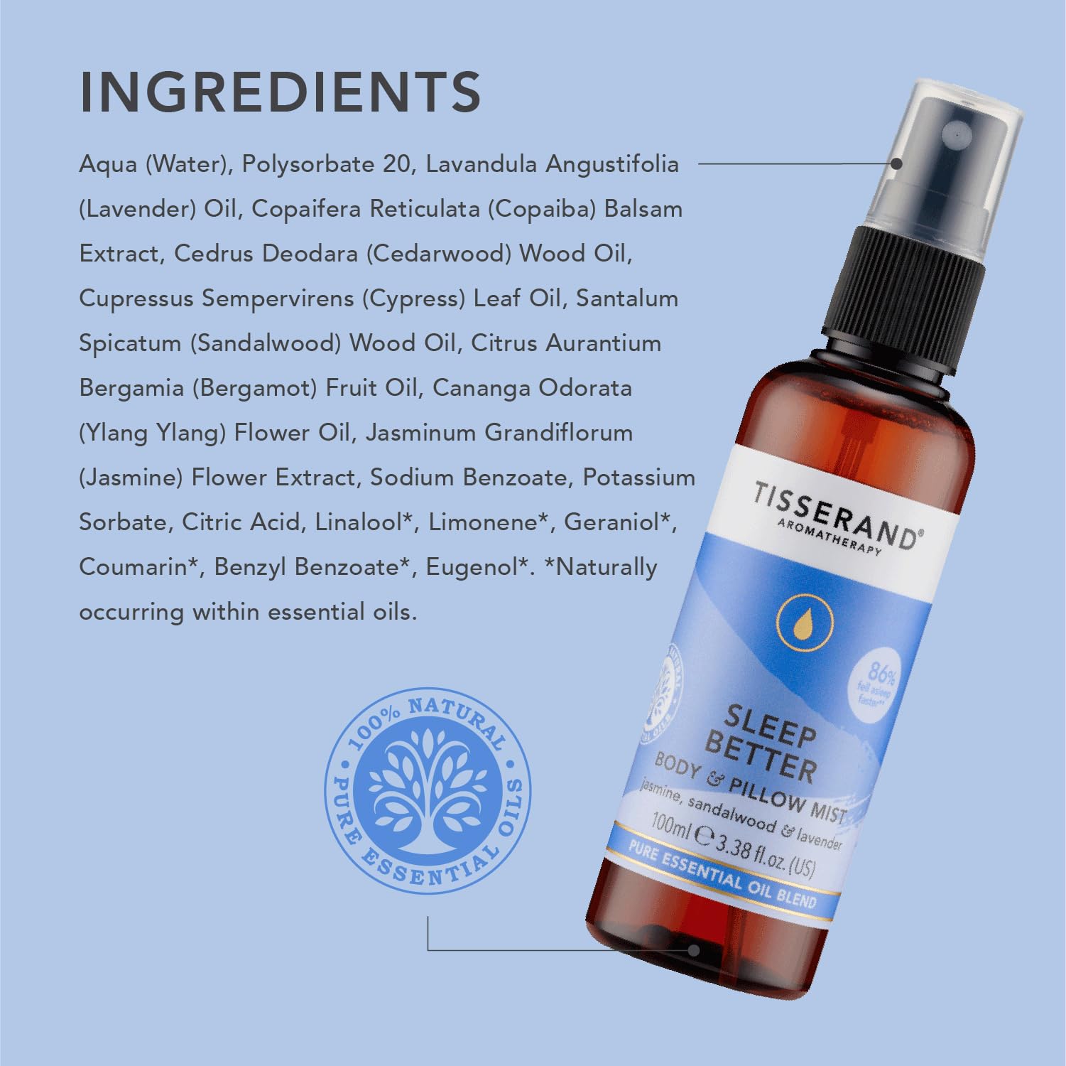 Tisserand Sleep Pillow Mist natural essential oils blend highlighted by lavender and jasmine.