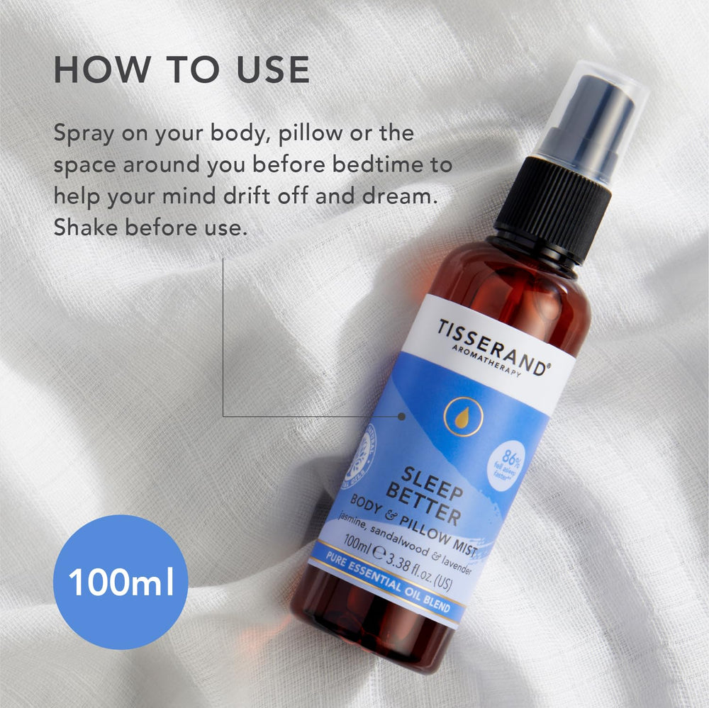 Tisserand Sleep Pillow Mist sandalwood warmth on nightstand enhances cozy bedtime mood.